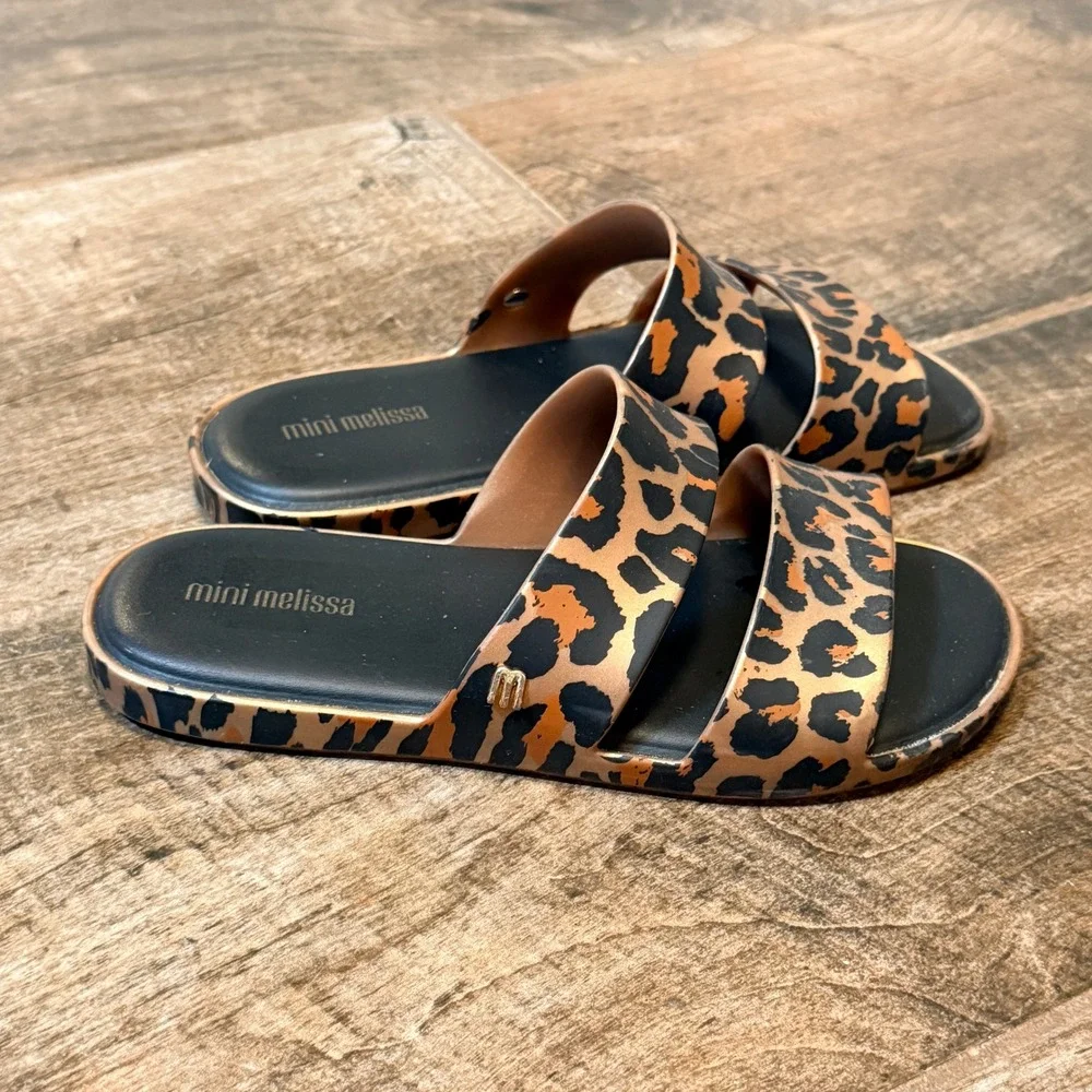 Mini Melissa Kids Leopard Print Double Strap Vegan Slide Sandals, Gold Black, 2